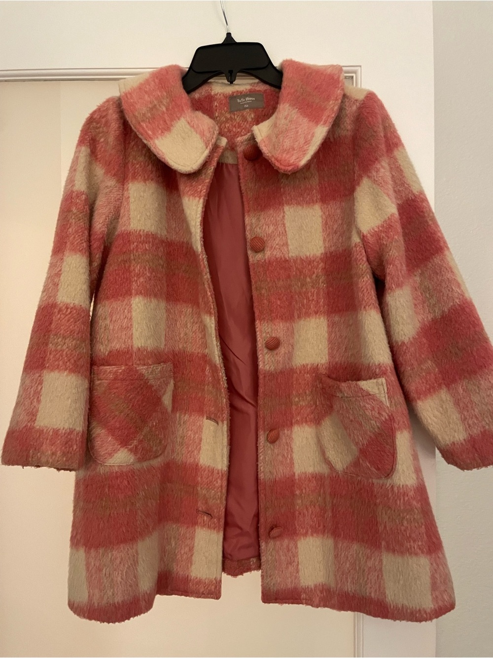 ToTo Hero Girls Wool Coat Fabric Buttons Pink Plaid Collared Size 10/12